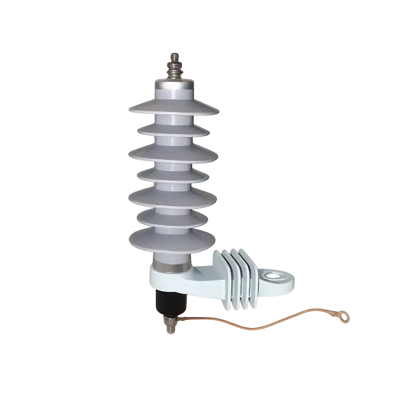 Composite polymer lightning arrester by VSL India showing silicone rubber housing and FRP core used in power distribution surge protection.